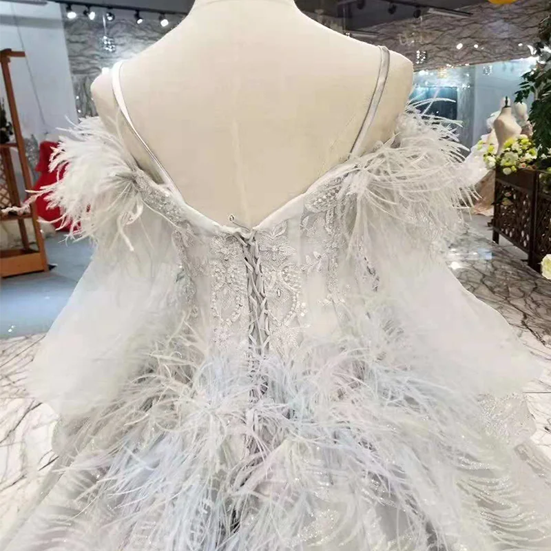 LSS324 серое вечернее платье с перьями страуса милое Пышное длинными рукавами