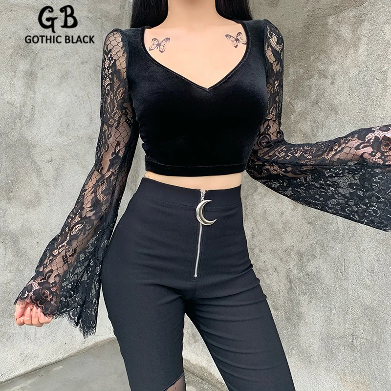 

Gothblack Streetwear Elegant Splice Lace Flare Sleeve Crop Top Women Gothic Solid V-Neck Slim Tshirt Autumn Vintage Casual Tops