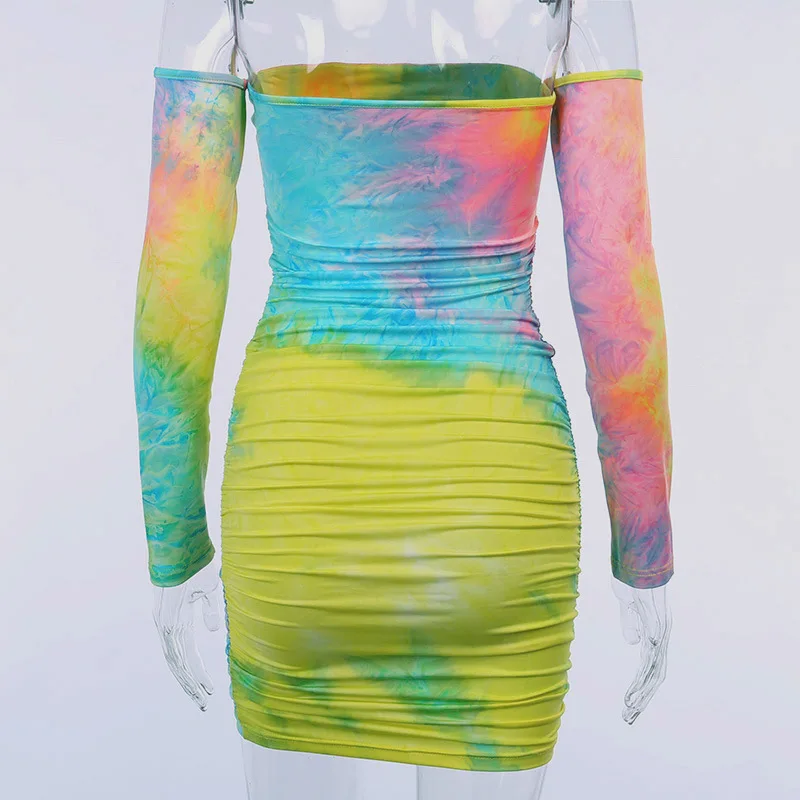 

BKLD Sexy Summer Bodycon Women Mini Dress Off Shoulder Strapless Dress Long Sleeve Tie Dye Printed Ruched Club Short Dresses