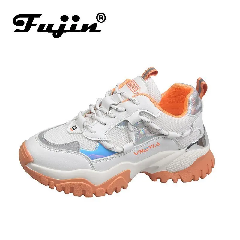 Fujin/летние женские кроссовки Модель 2020 года Однотонная обувь на плоской подошве