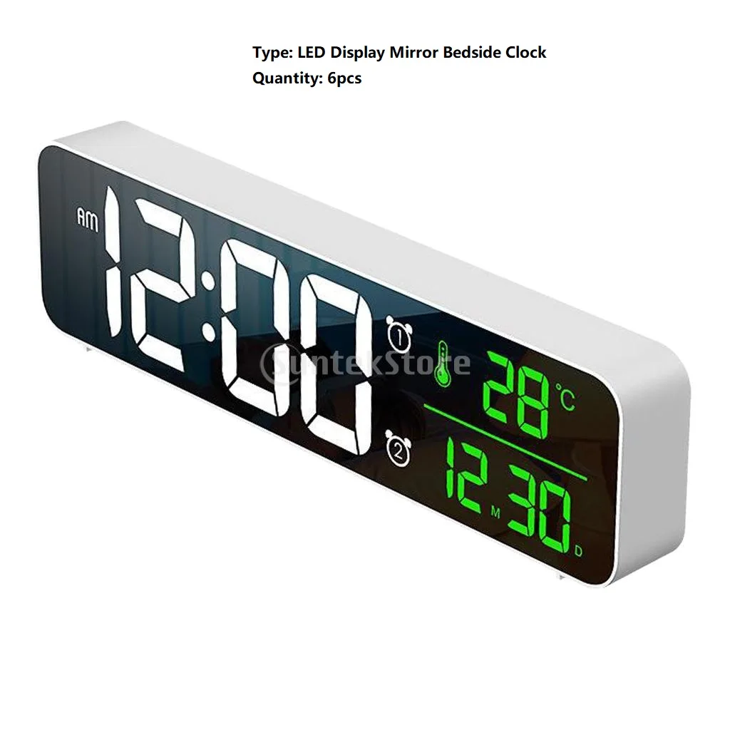 

6pcs Alarm Clock LED Display Temp & Date Calendar AM/PM Mirror Design Wall Clock Adjustable Volume Home Office Decoration