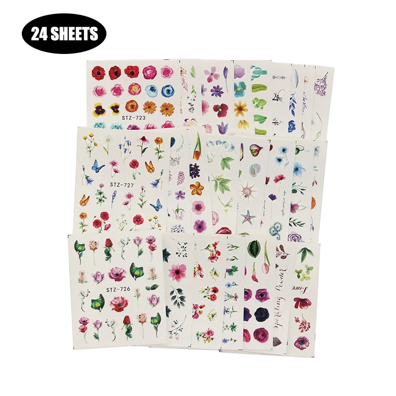 24 листа/120 Популярные картинки акварельные цветочные фотообои для ногтей Набор
