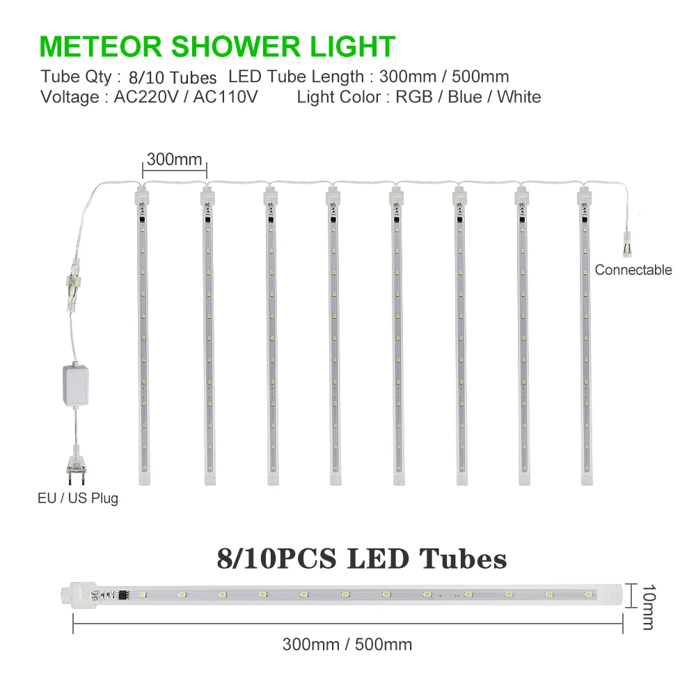 

30cm 50cm Waterproof Meteor Shower Rain 8 /10 Tube LED String Lights Outdoor Christmas Decoration for Garden Tree EU / US Plug