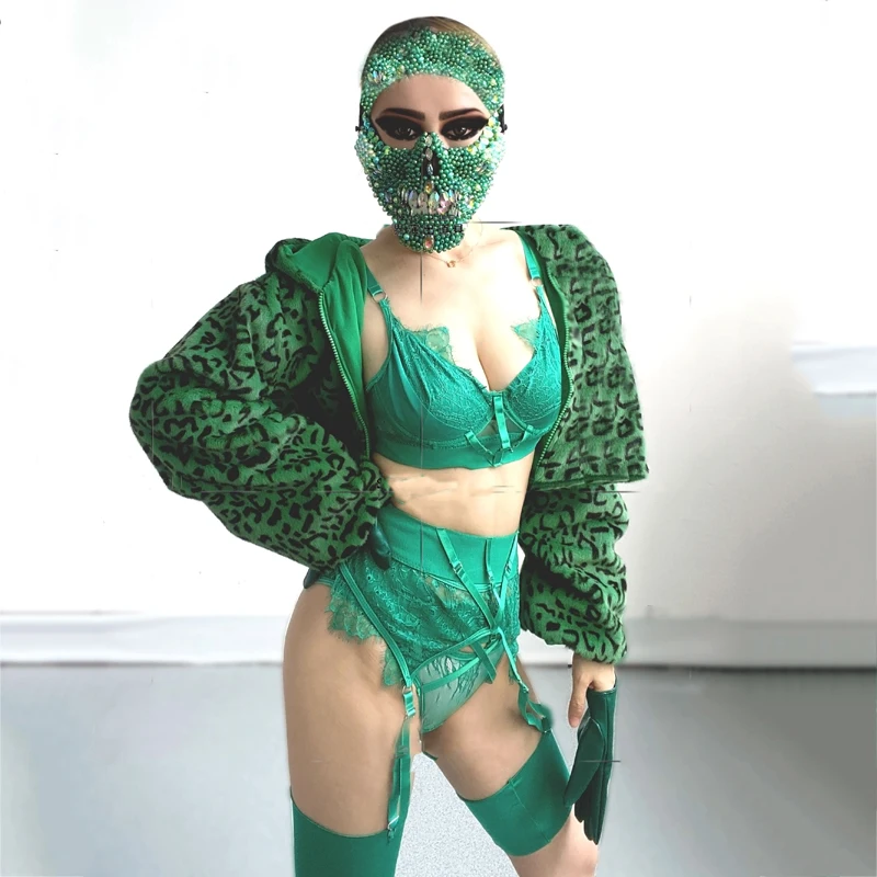 

Adult Halloween Skeleton Cosplay Green Leopard Print Coat Bikini Underwear Women Sexy Skull Stage Costume Pole Outfit XS3007