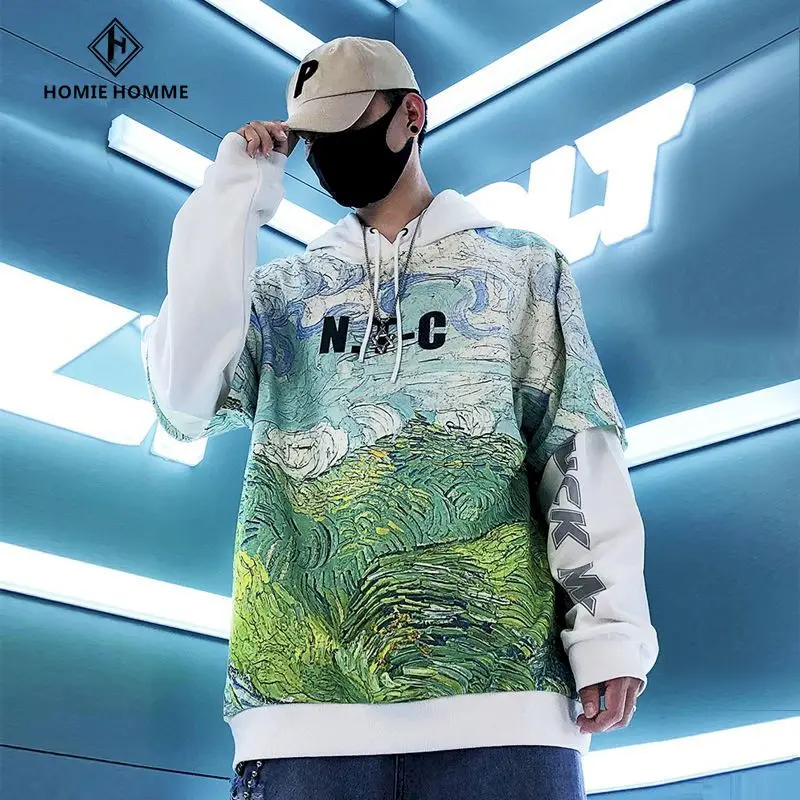 

Мужская толстовка в гонконгском стиле, худи с имитацией двух частей, Мужская Осенняя Корейская свободная повседневная куртка большого разм...