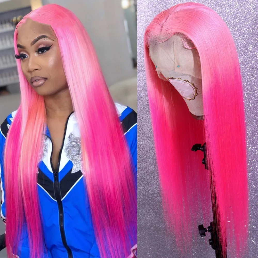

Pink Ombre Rose Pink Long Straight 13x5 Lace Front Wigs For Black Women 180 Density