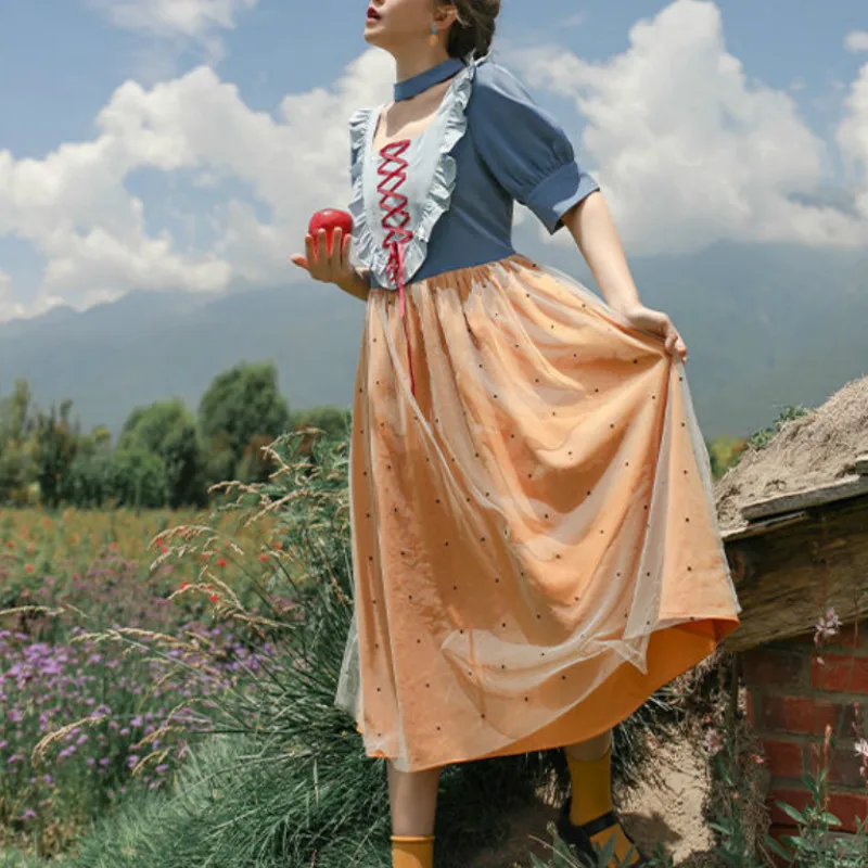 Винтажное элегантное платье Woomen квадратный воротник галстук с сеткой сказочное