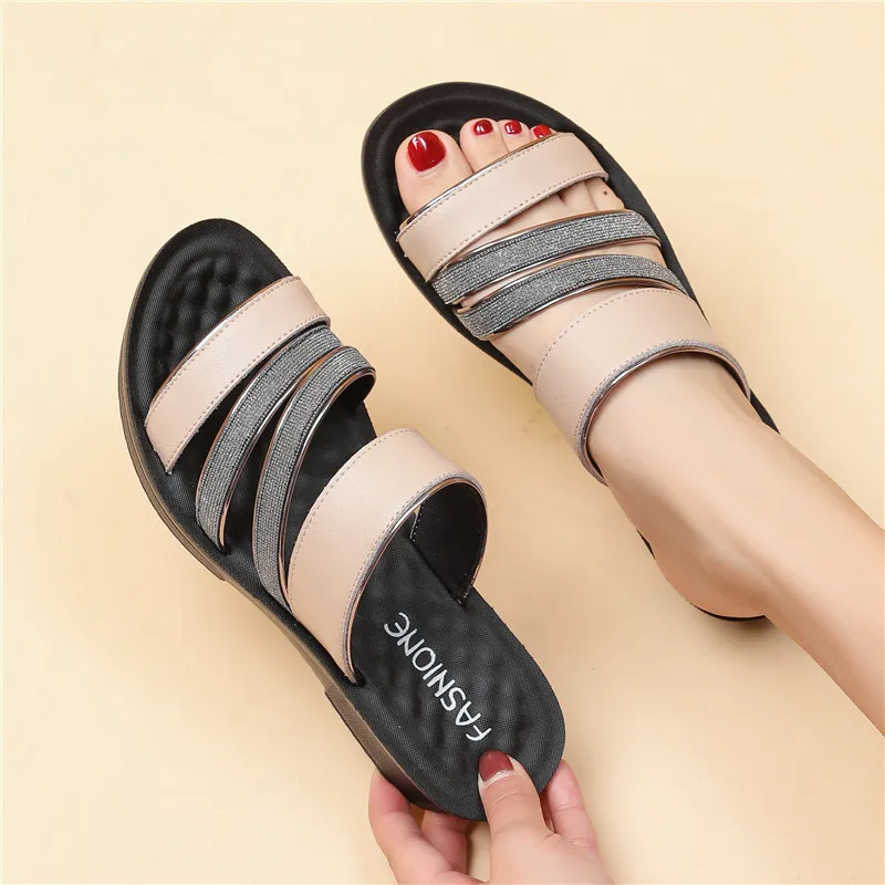 

Shoes Woman Summer Sandals Women Leather Flat Comfortable Footwear Beach Slippers Women's Wedge Low Heels Shoes mother shoes