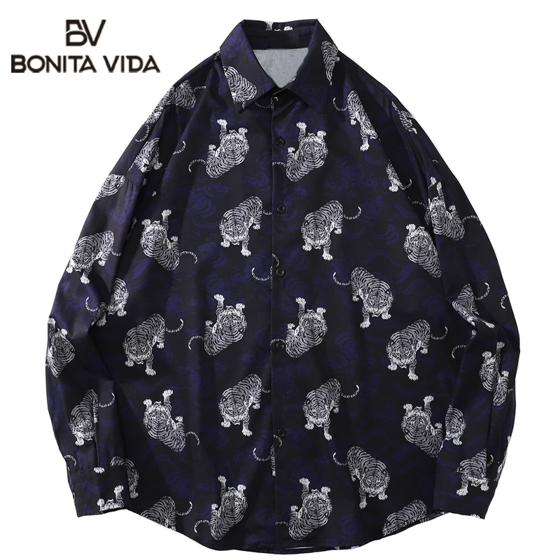 

Гавайская пляжная рубашка с длинным рукавом и принтом тигра, в стиле Харадзюку