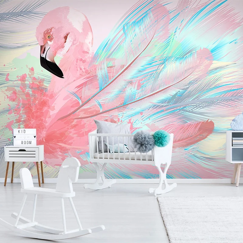 

Custom 3D Cartoon Pink Flamingo Feather Photo Wall Murals Wallpaper For Kids Room Bedroom Living Room Decor Papier Peint Mural