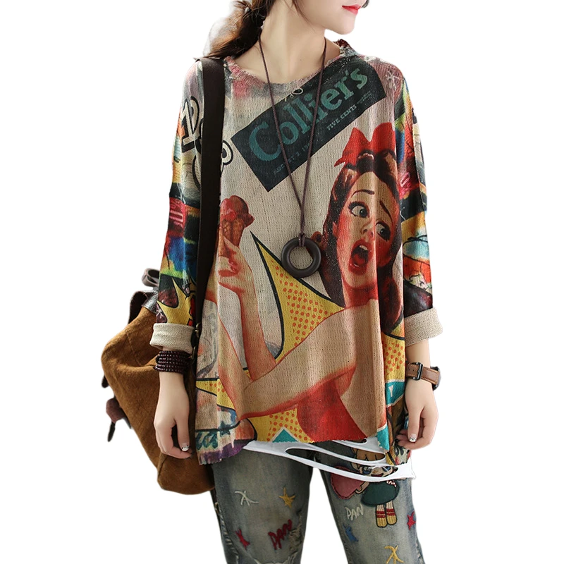 Женские винтажные свитера с принтом в стиле ретро весна-осень 2020 свободный