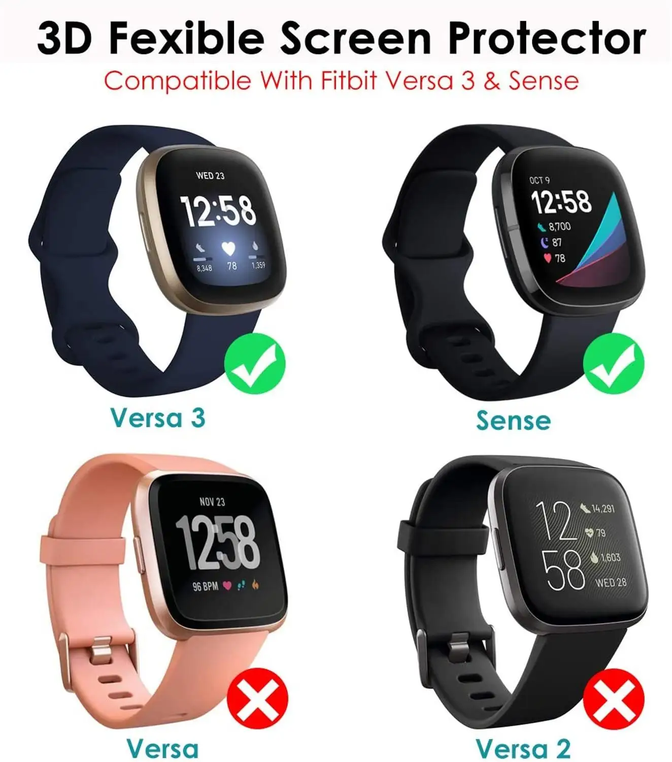 3 шт 3D изогнутый полный защитный экран для Fitbit Sense/Fitbit Versa 2020 Гибкая HD пузырьковая