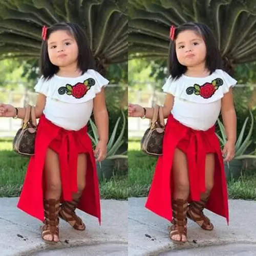 Летняя детская одежда для девочек Футболка с розами маленьких топы красная юбка