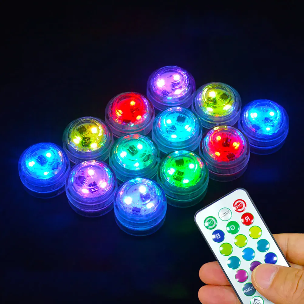 

12pcs For Fish Tank Pond Submersible Light Round With Remote Control Underwater Garden Pool Battery Operated Multi Color Bathtub