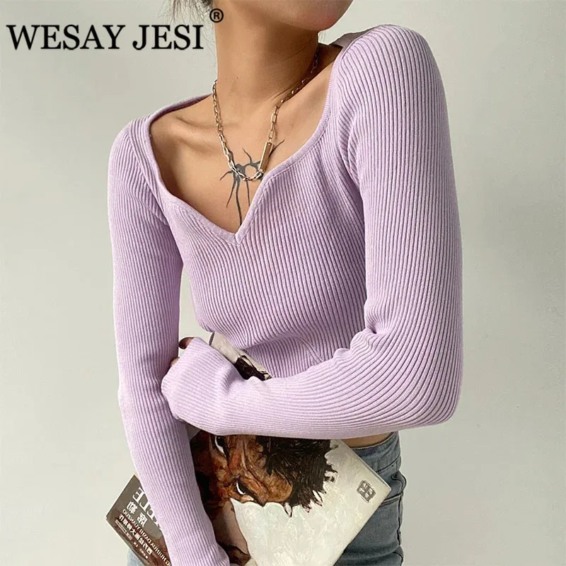 

WESAY JESI Women's Sweater Basic Square Collar Y2k Autumn Tops Sexy Slim Women Pullover Knitted Sweater Jumper Soft Pullover