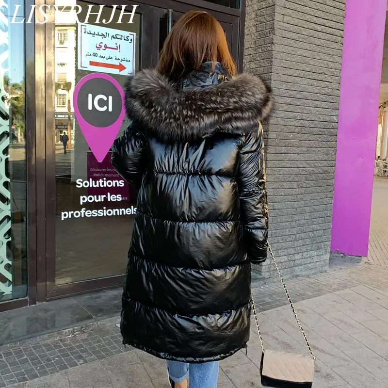 Модная яркая куртка цвета металлик синего и розового цвета с капюшоном пальто для женщин зимние теплые хлопковые мягкие длинные парки бомбер