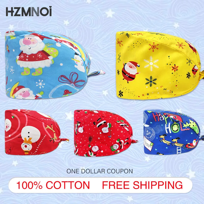 

Christmas Cartoon Print Cap Santa Claus Pattern Nurse Dentist Adjustable Beauty Salon Nursing Unisex Scrub
