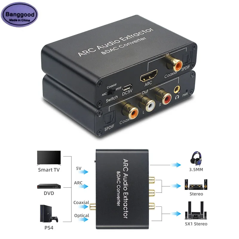 

HDMI-compatible ARC Audio Extractor DAC Converter Adapter Fiber Coaxial SPDIF Coaxial RCA 3.5mm Headphone Jack Output Convertor