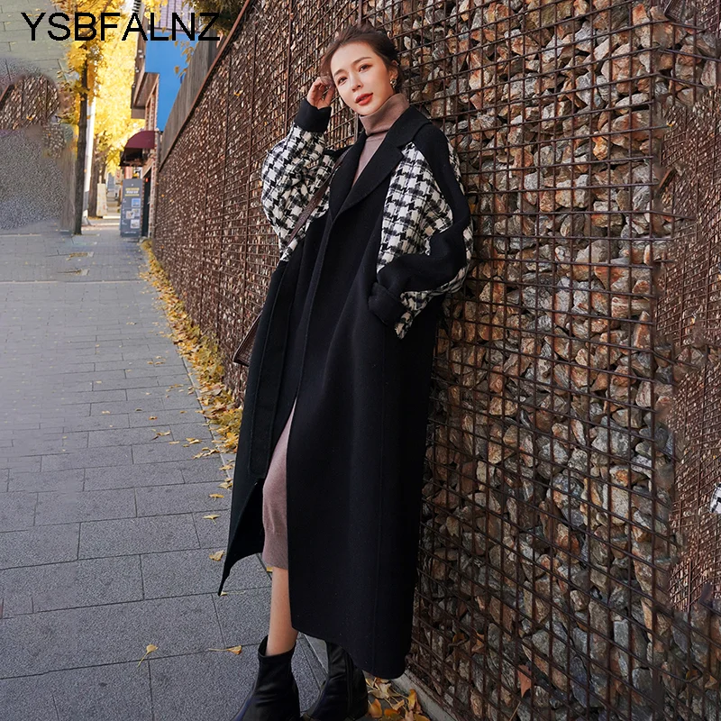 

Coats Female Woolen Long Winter New Christmas Red Korean Loose Plaid Vogue Stitching Vogue Wool Warm Womens Jacket Clothing