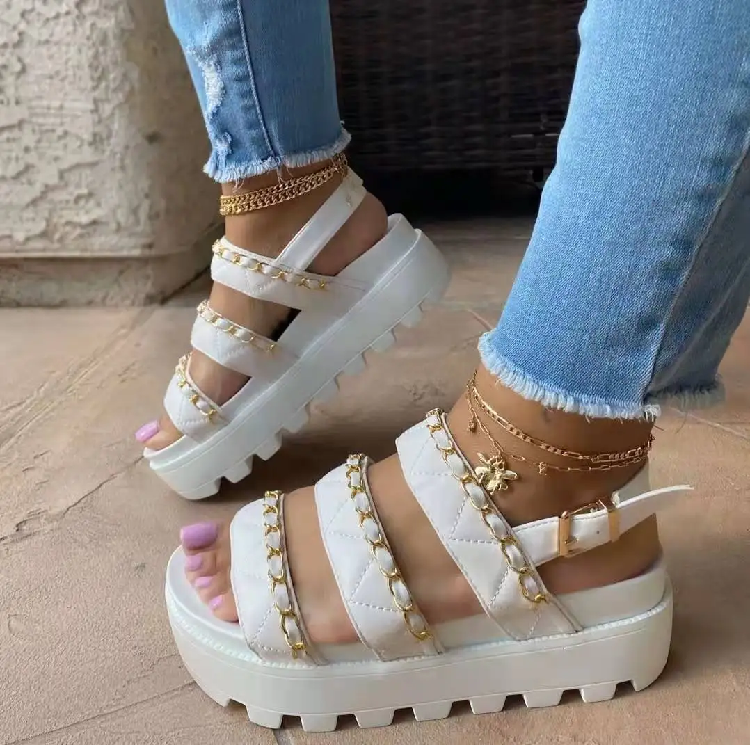 

Luxury Trendy Women Sandals Thick Platform Wedges Sandals Heel Pu Leather Metal Height Increasing Beach Casual Sandalias Mujer