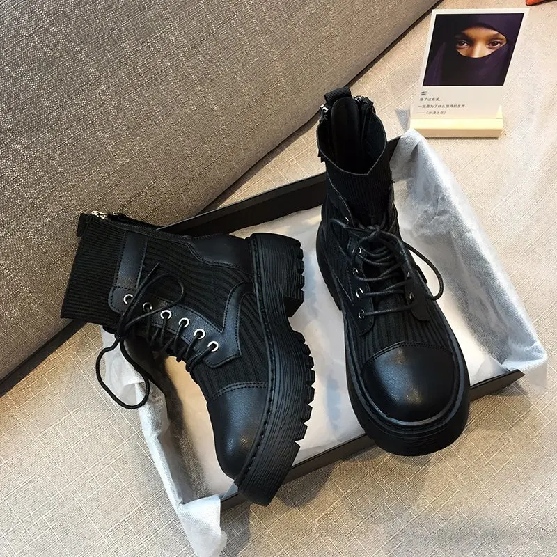 Женские ботинки Модные дышащие высокие эластичные вязаные сапоги с толстой