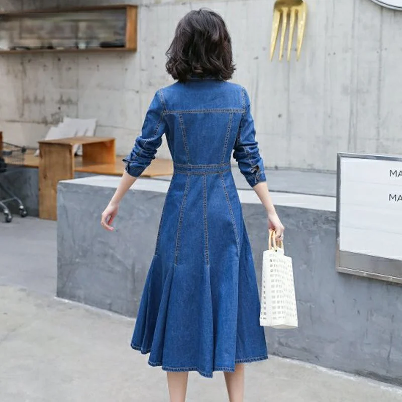

Elegant Soft Jean Shirt Dress Female Spring 2021 Korean Long Sleeve Single-breasted Women Ruffle Mermaid Denim Long Dresses