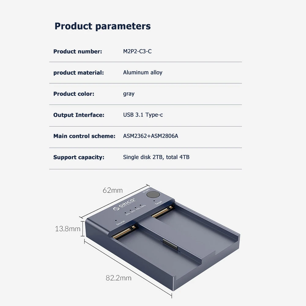 

ORICO Dual Bay M.2 NGFF NVMe SSD Docking Station M2P2-C3-C 10Gbps USB 3. 1 Type-C External Hard Drive Dock