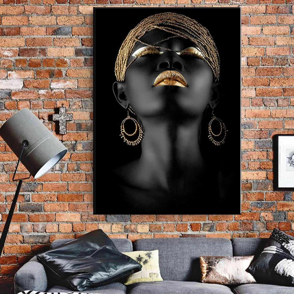 

Modern Style African Woman Paintings on Canvas Golden Black Scandinavian Wall Art Poster and Print for Living Room Decor