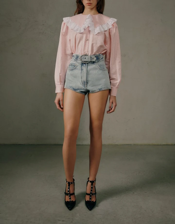

12.31 KlasonBell Rhinestone Belt Loops Washed High Waist Denim Shorts Women