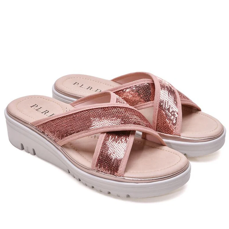

Women's Sandals 2021 Summer Ladies Shoes Leather Sequins Sandals Women Flats Retro platform Shoes Woman Soft Bottom slipper q13