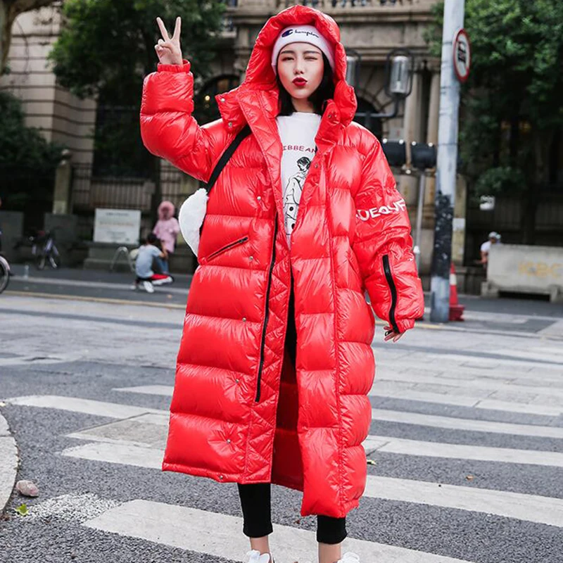 

2019 New Winter red bright down coats women loose Warm thick hooded Letter printing down cotton long coats womens cc825