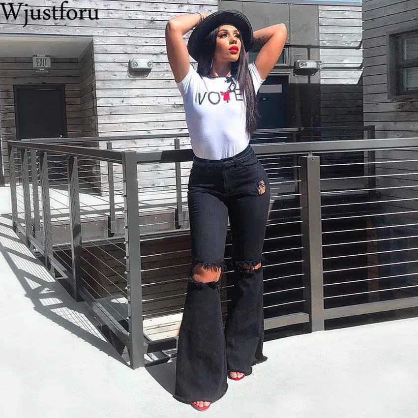 Wjustforu модные рваные расклешенные брюки для женщин повседневные Черные