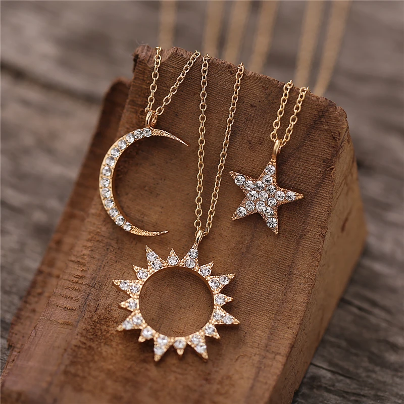 

Fashion Crystal Gold Pendant Necklaces Women Girls Moon Star Sun Link Chian Necklace Charm Choker Jewelry Best Friend Gift