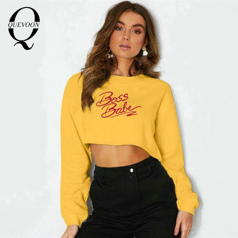 

QUEVOON Casual Letter Print Long Sleeve Crop Sweatshirts Crewneck Women Sportswear Autumn Spring Streetwear Fashion Style Hoodie