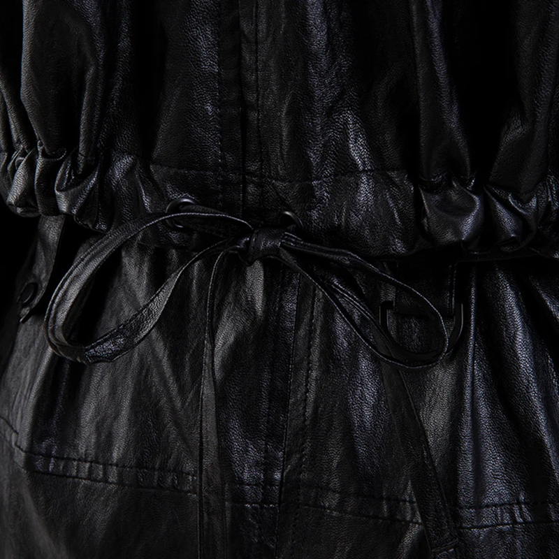 

leather Women pu Drawstring Wrinkled Trench New Lapel Long Sleeve Loose Fit Windbreaker Fashion Spring Autumn 2021 1DD3790