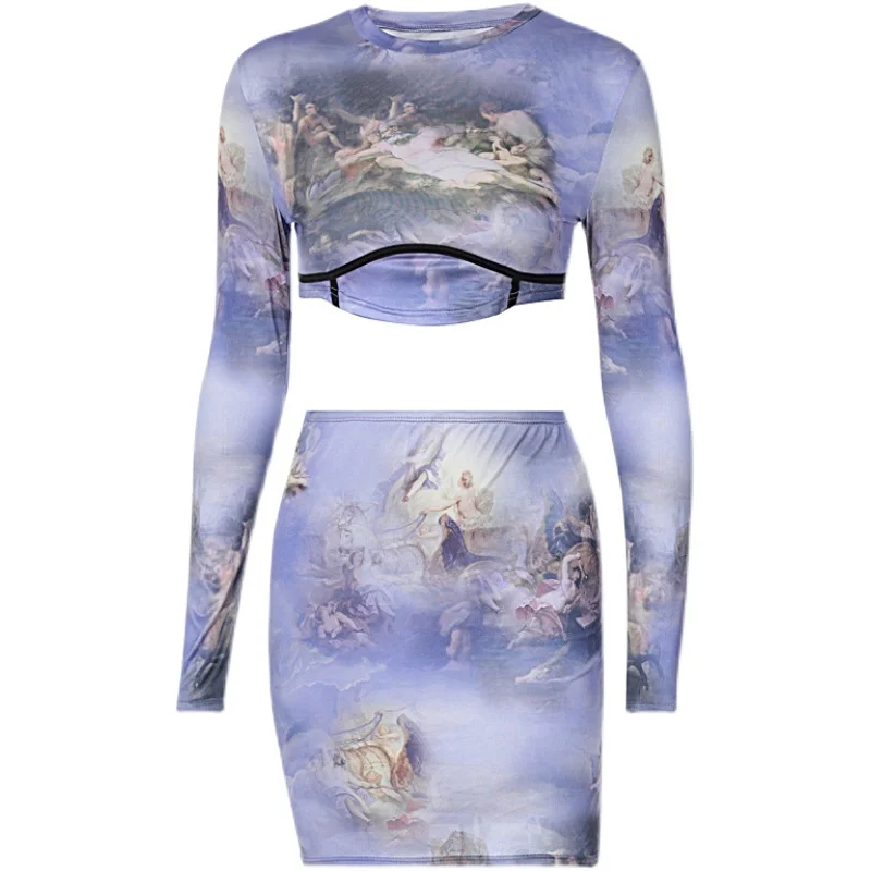 

Europe and America ins2021 autumn and winter new women's printed long sleeve T-shirt short skirt suit
