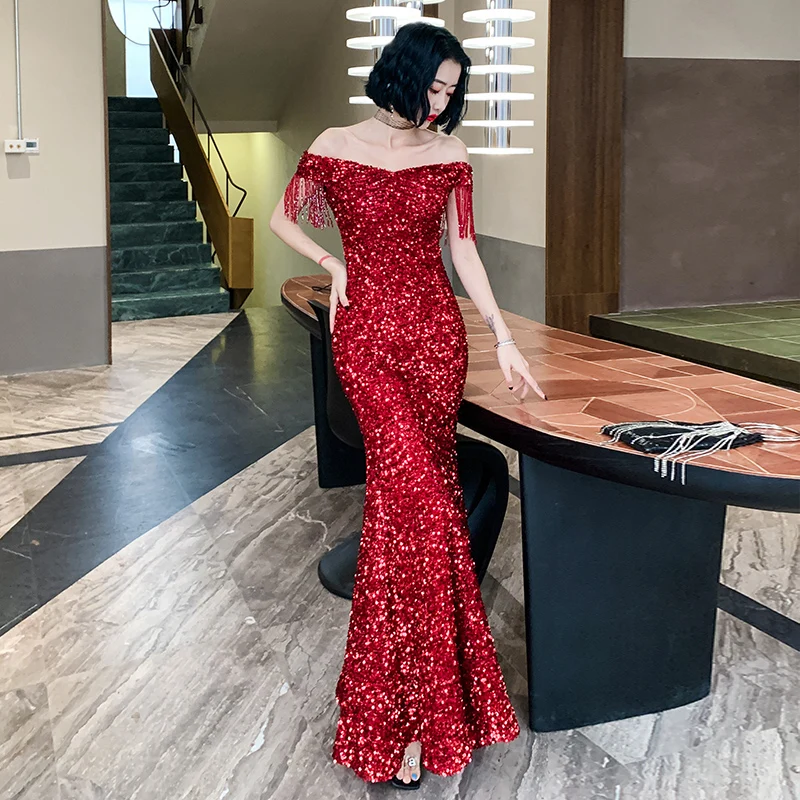 

Женское вечернее платье с блестками, бордовое короткое платье в пол с вырезом-лодочкой и кисточками, модель складка рукавов большого размер...