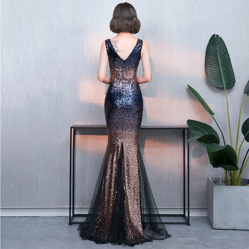 

Sleeveless V-nack Sexy Sequin Evening Dresses Vestido De Noite Woman Party Night Long Luxury Mesh Mermaid Gown Robe De Soiree