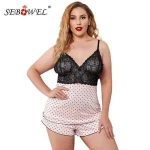 Женский пижамный комплект SEBOWEL большого размера, цветочный кружевной комбинированный Топ в горошек и шорты, женская одежда для дома из двух предметов
