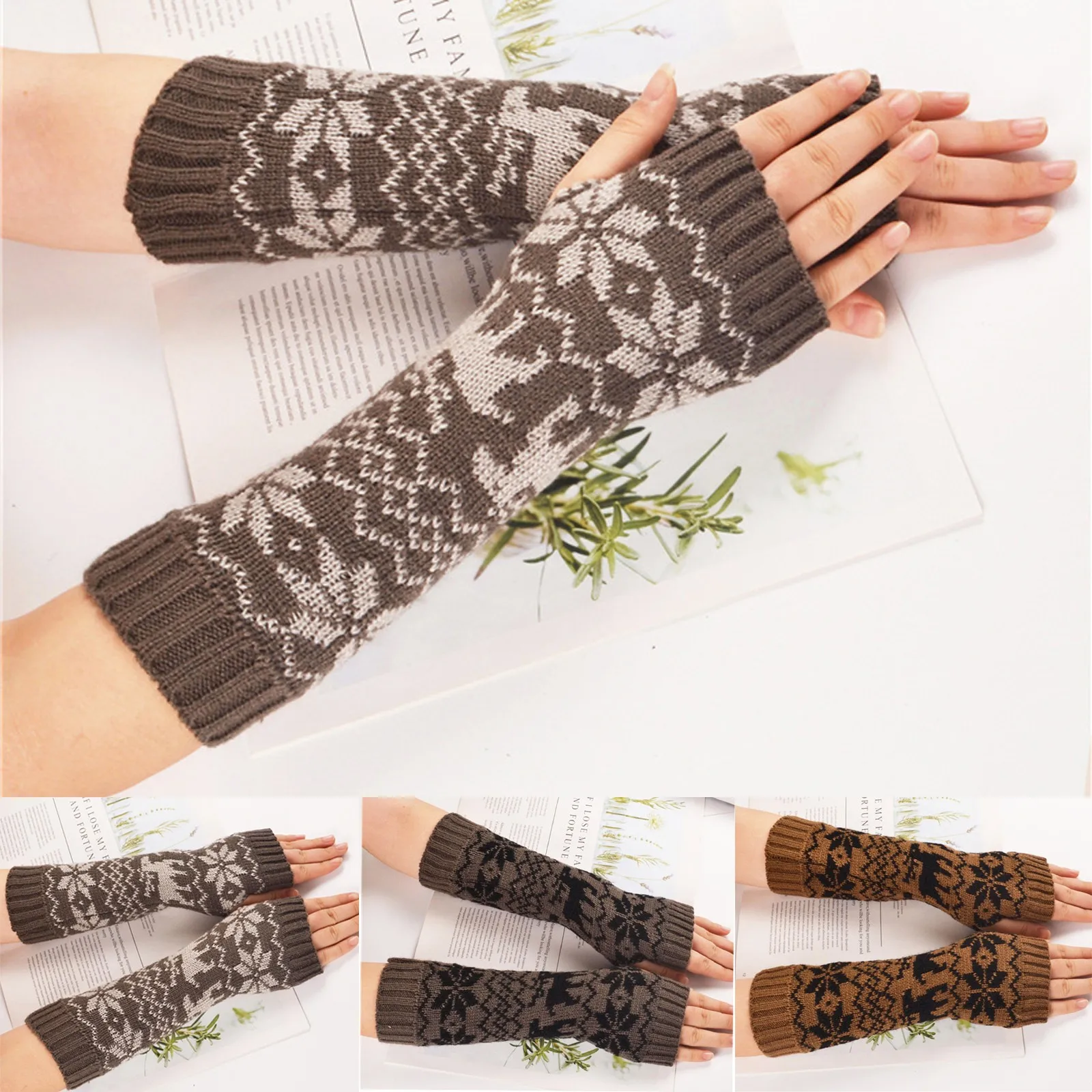 

Popular Women Cartoon Cute Elk Shape Retro Long Knitted Wool Arm Set Fingerless Warm Gloves Valentine's Day Exquisite Gift