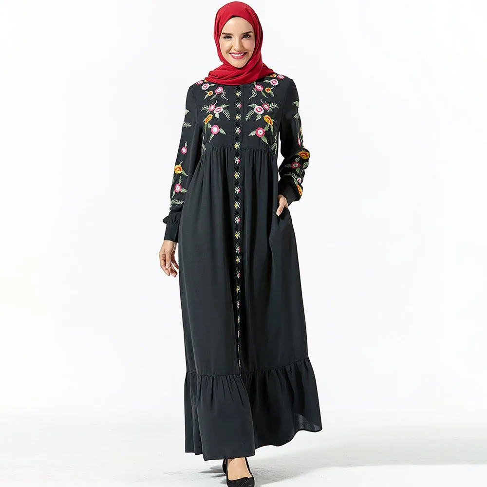 Черное платье с вышивкой Осеннее мусульманское без хиджаба Abayas Дубай женская