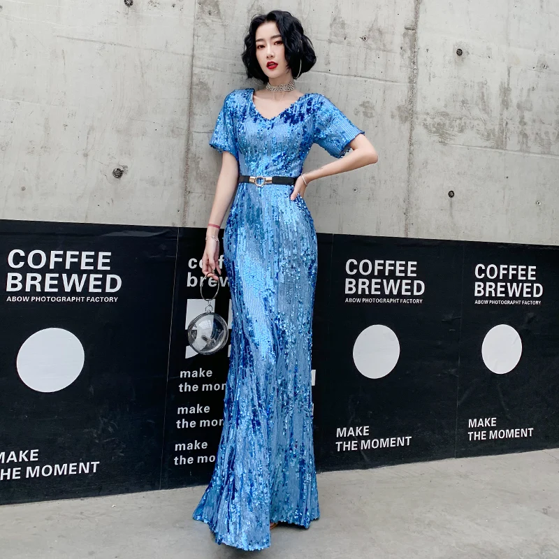 AE766 синие вечерние платья русалки больших размеров расшитые блестками с коротким