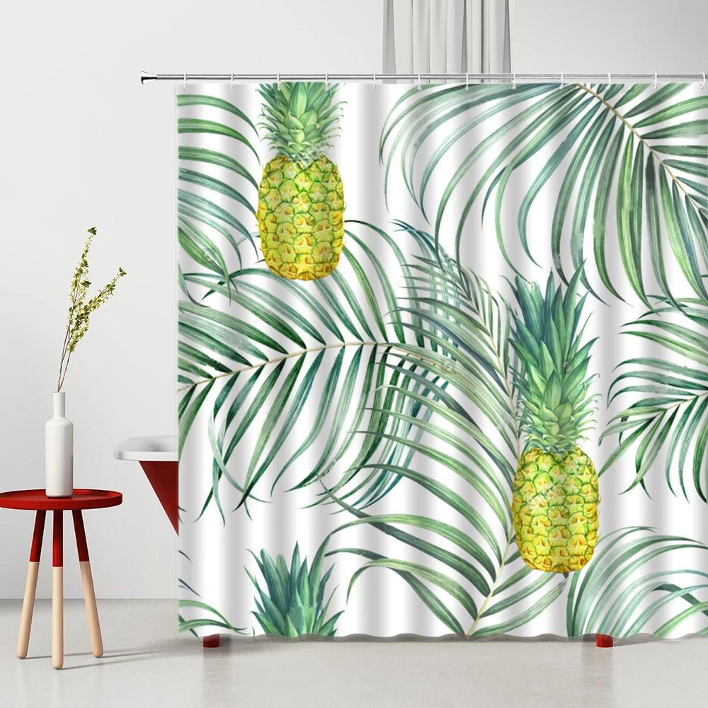 

Shower Curtain Tropical Plant Green Leaf Pineapple Fruit 3D Print Polyester Waterproof Bathtub Decor Kitchen Curtains With Hooks
