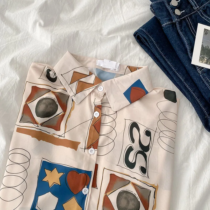 

Women's Shirt 2021 Spring New Single Breasted Long Sleeves TOP Vintage Casual Fashion Baggy Femme Printing Lapel Blouse
