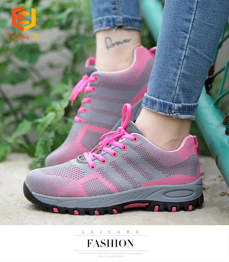 

ETIENNE JR Flying Woven Women Safety Shoes Breathable Indestructible Sneakers Low-top Pink Lightweight Non-slip Work Shoes