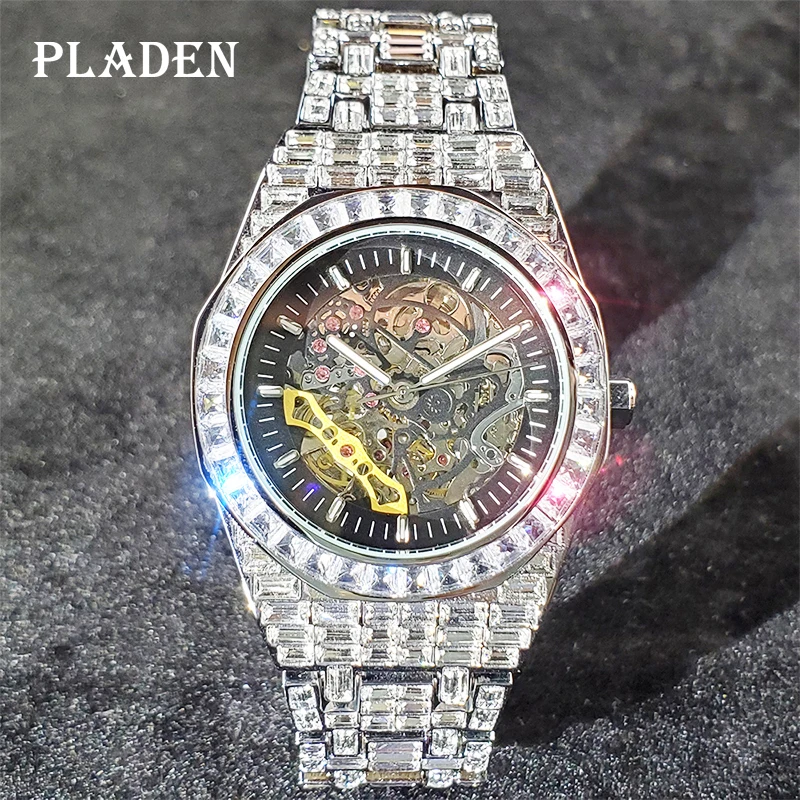 Hip Hop Mechanical Men Watch Luxurious Silver Diamond Clock Dive Stainless Steel Automatic Wirstwtch Transperant Bottom Relojes