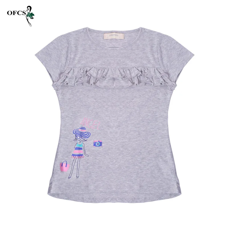 

New Princess Summer Girls Shirts Kid's T-shirt Lace Casual Fashion Gray and Red Shirt Children's Clothing Cheap Sales Girl's Top