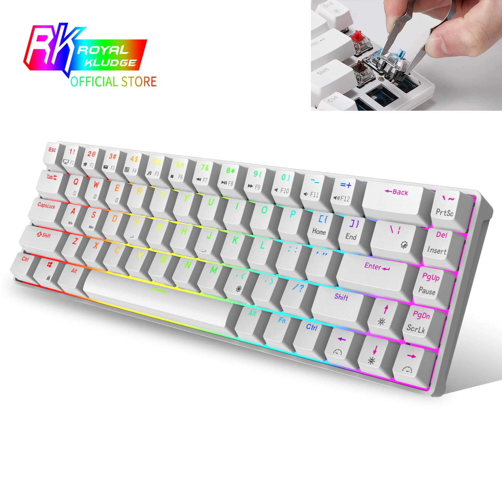 

Беспроводная компактная механическая клавиатура RK68 (RK855) RGB 65%, 68 клавиш, 60% дюйма, Bluetooth, популярная Съемная игровая клавиатура, переключатели...