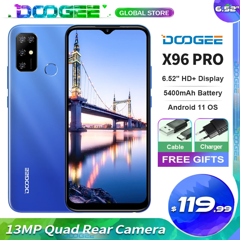 Doogee X96 Pro мобильный телефон 6,52 "HD + Экран 4 Гб Оперативная память 64 Гб Встроенная память Восьмиядерный 13MP Quad Камера 5400 мА/ч, Батарея Android 11,0 смартфон