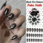 24 шт.компл., Панк стилеты, матовые поддельные ногти, черный огненный узор, искусственная наклейка для ногтей, полный дизайн ногтей, советы с клеем